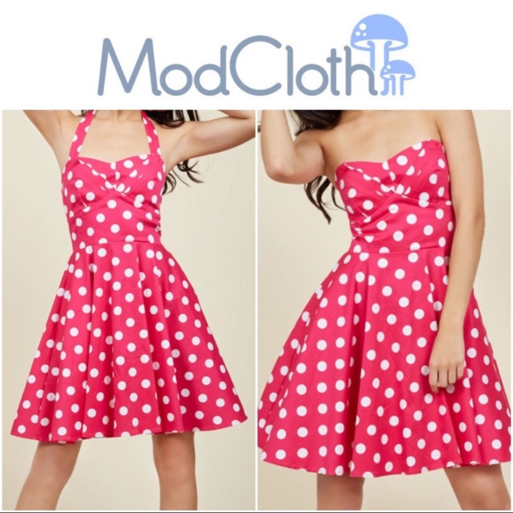 ModCloth pink polka dot halter A-line swing dress